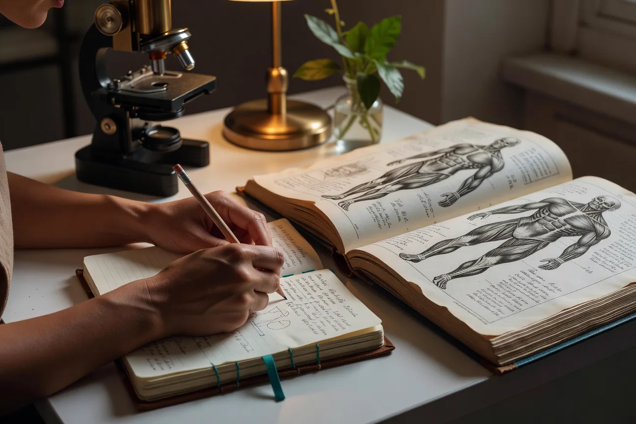 Hands writing in a lab notebook beside a microscope and an open anatomy reference book.