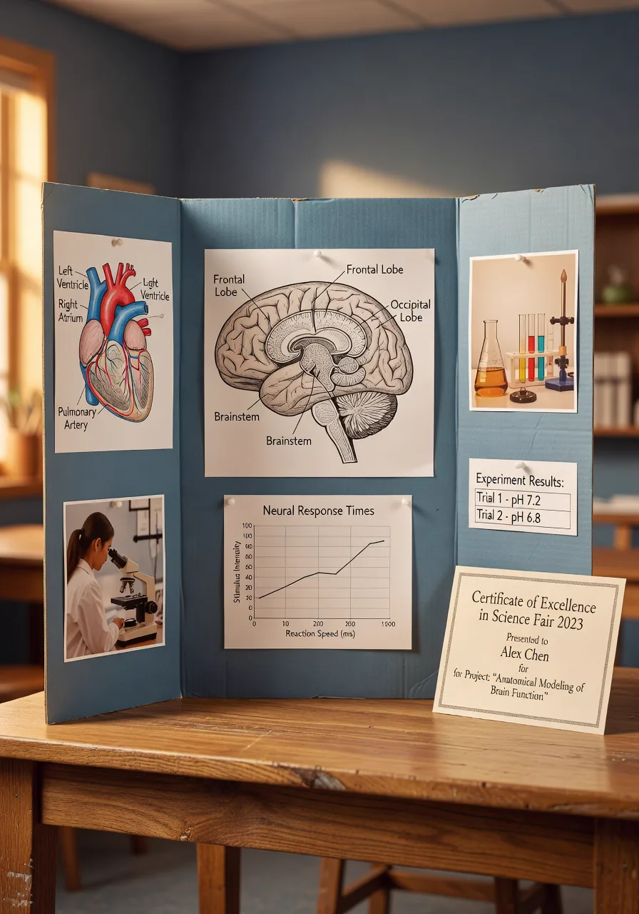 A folded tri-fold display board on a workbench with hand-drawn diagrams and a printed certificate of completion beside it.