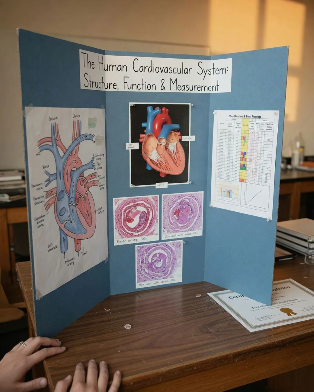 A tri-fold capstone display board titled 'The Human Cardiovascular System' with a hand-drawn heart diagram, a heart-model photo, histology micrographs, and a blood-pressure and pulse data table, a certificate of completion beside it &mdash; the kind of demonstrated work this toolkit is built to run.