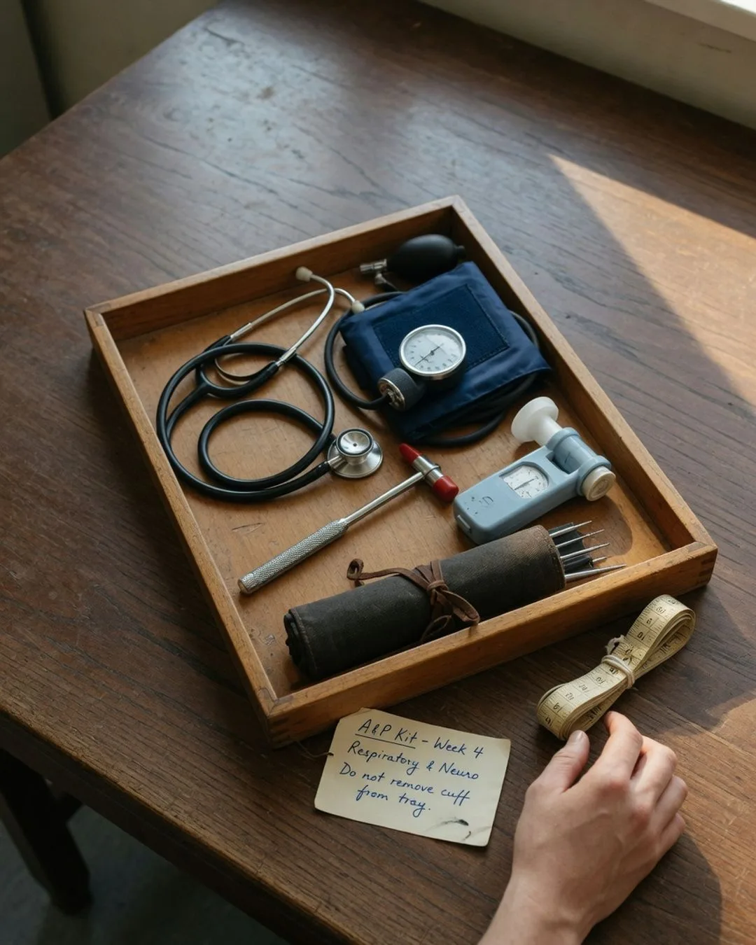 A bench tray of measuring instruments &mdash; a stethoscope, a blood-pressure cuff and gauge, a reflex hammer, a spirometer, and a tape measure &mdash; arranged ready for precise measurement.