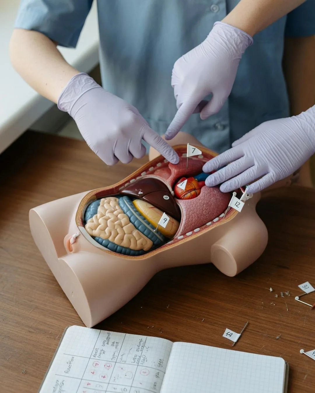 Gloved hands pointing to structures on an anatomical torso model marked with small numbered identification flags.