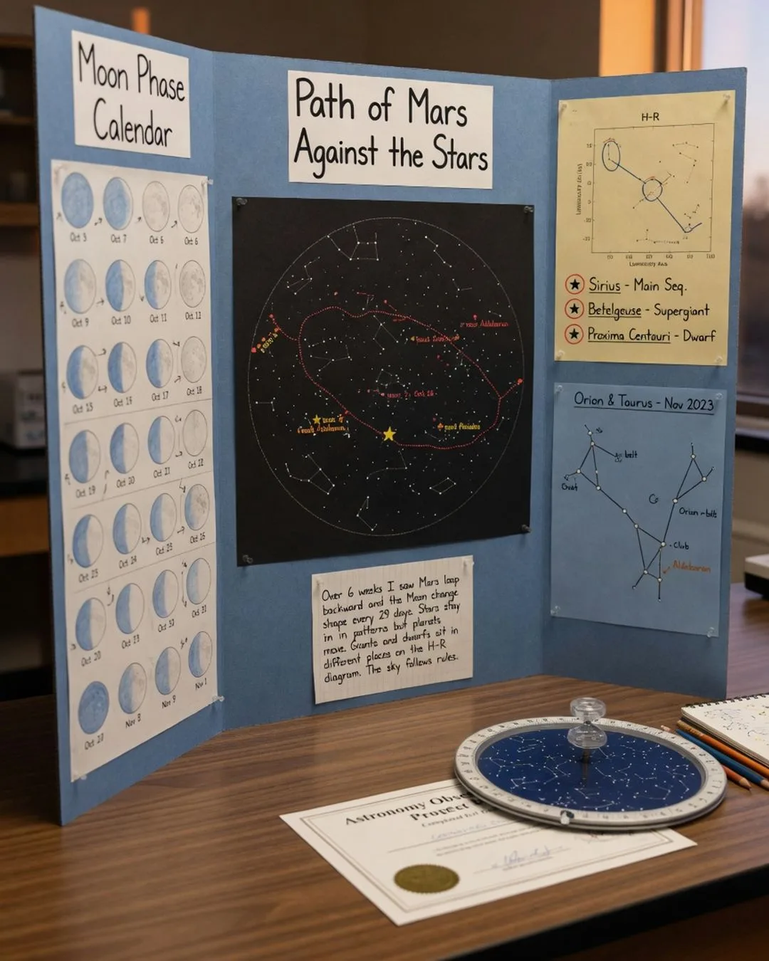 A tri-fold display board presenting a term-long sky-observation project: a moon-phase calendar of dated sketches, a plotted path of Mars looping against the stars, an H-R diagram, and a handwritten conclusion, with a planisphere and certificate on the table below.