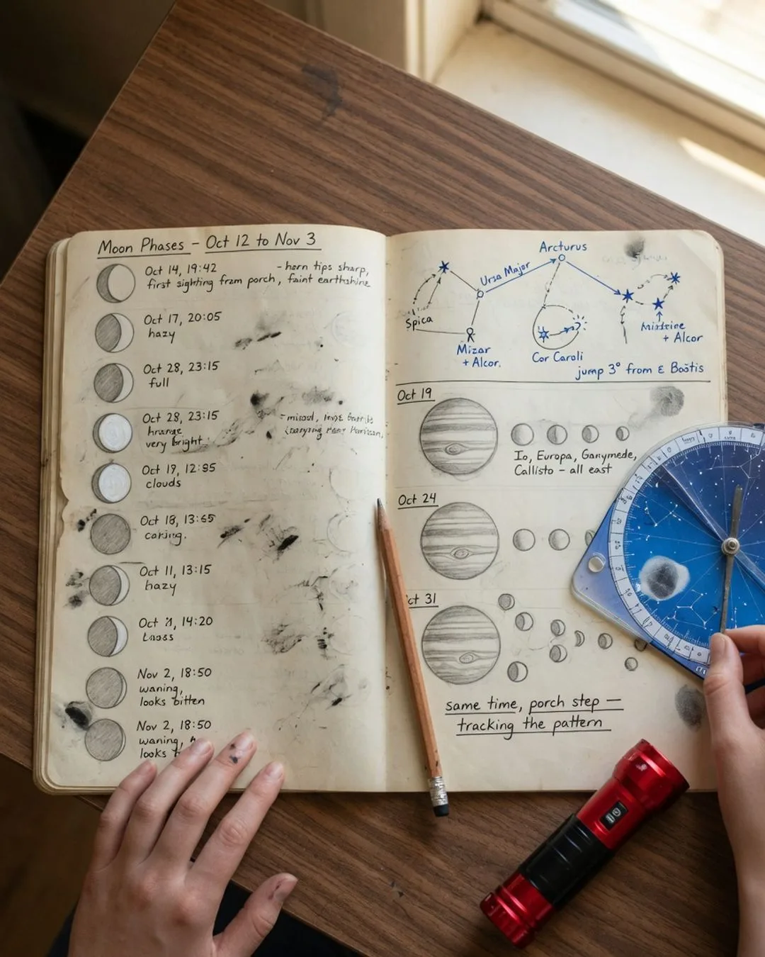 An open observation journal with dated moon-phase sketches, a star-hop path, and a tidy data table.