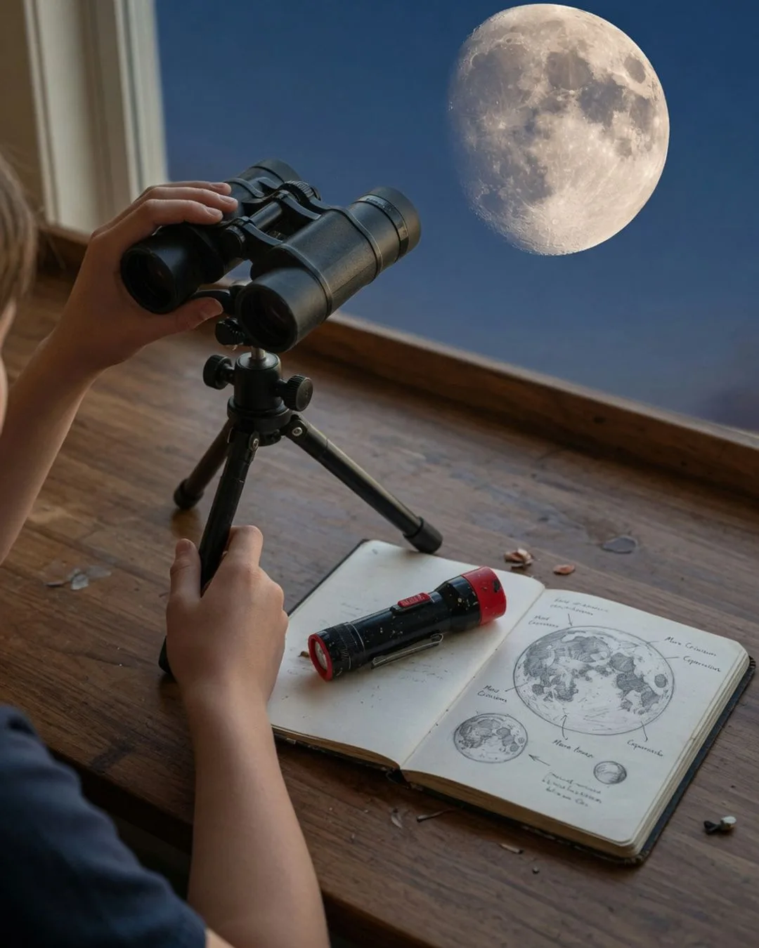 Hands steadying a pair of binoculars on a small tabletop tripod aimed at a bright gibbous Moon through a window, an open observation journal below filled with careful pencil sketches of lunar craters and maria, a red flashlight on the page.