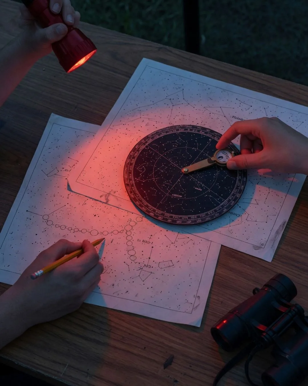 A planisphere star wheel and a printed star chart on a field table under a red flashlight, a hand tracing a star-hop route between constellations.