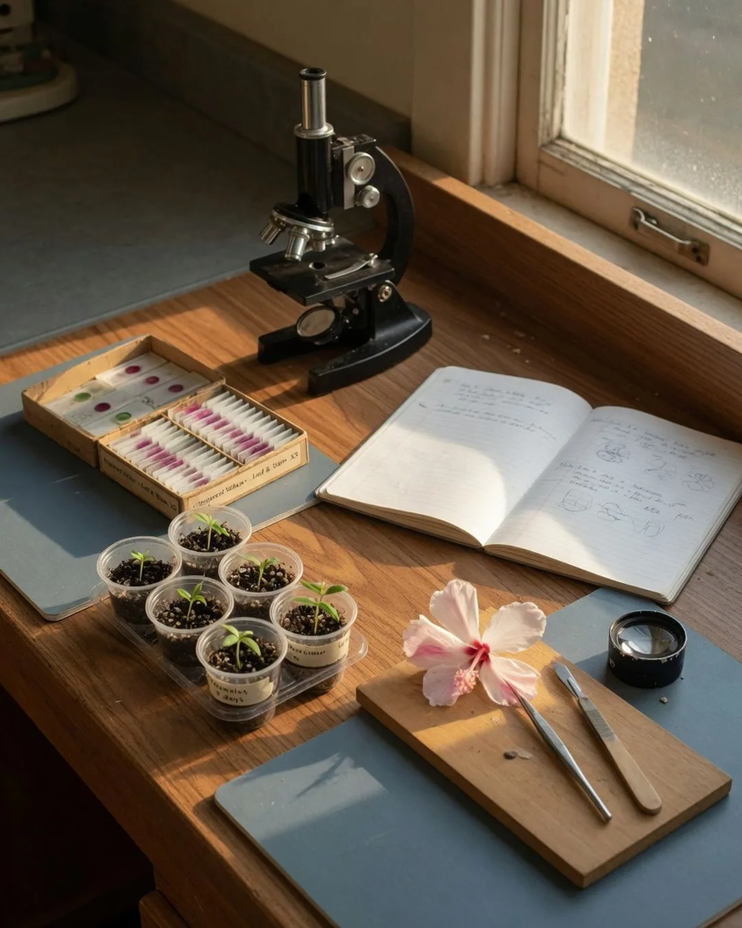 A quiet Saturday-morning botany lab: paired benches with a microscope, prepared slides, a flower on a dissecting board, and an open lab notebook in warm natural light.