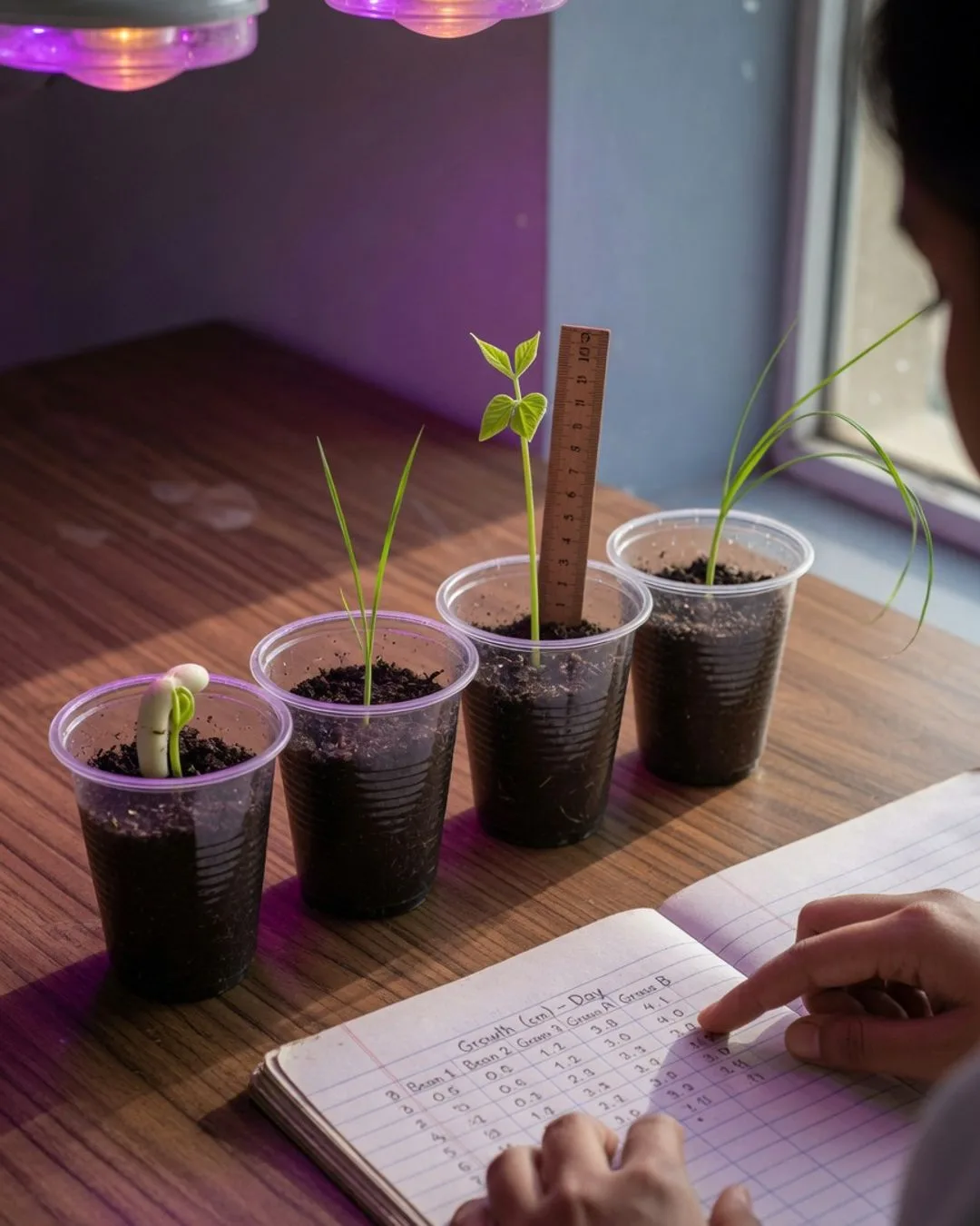 A tray of young pea seedlings reaching toward the light, the same plant Mendel grew by the thousand.