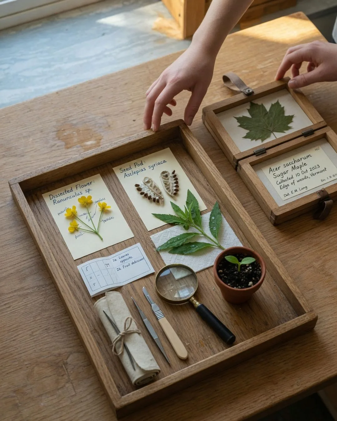 A botany specimen tray on a bench: labeled cards for a dissected flower and a milkweed seed pod, a leafy stem, a hand lens, a rolled dissection kit with forceps and scalpel, a potted seedling, and a herbarium press holding a pressed maple leaf.