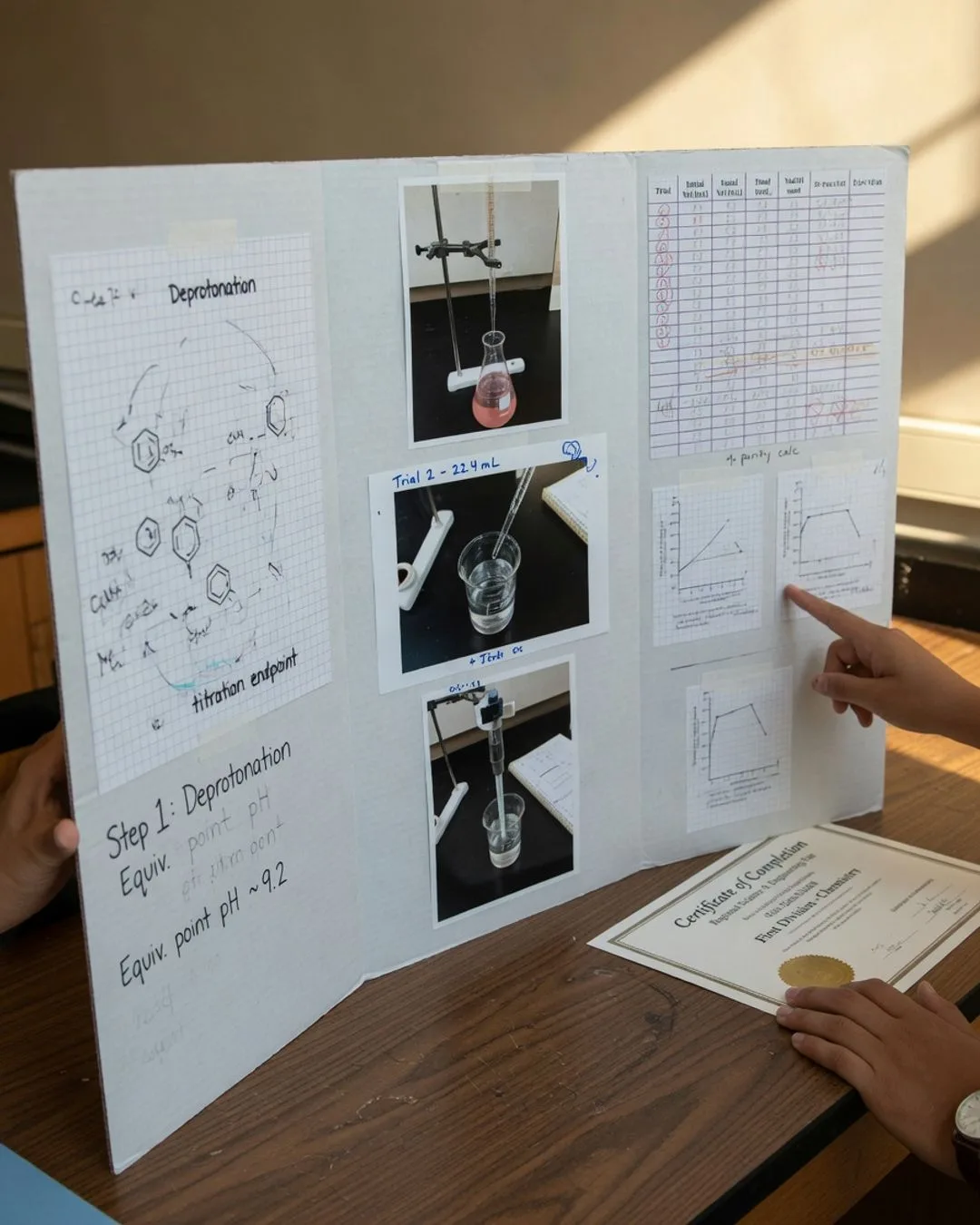 A student presenting and defending their chemistry lab work in person to a guide who listens and assesses &mdash; the demonstration moment this toolkit is built to run.