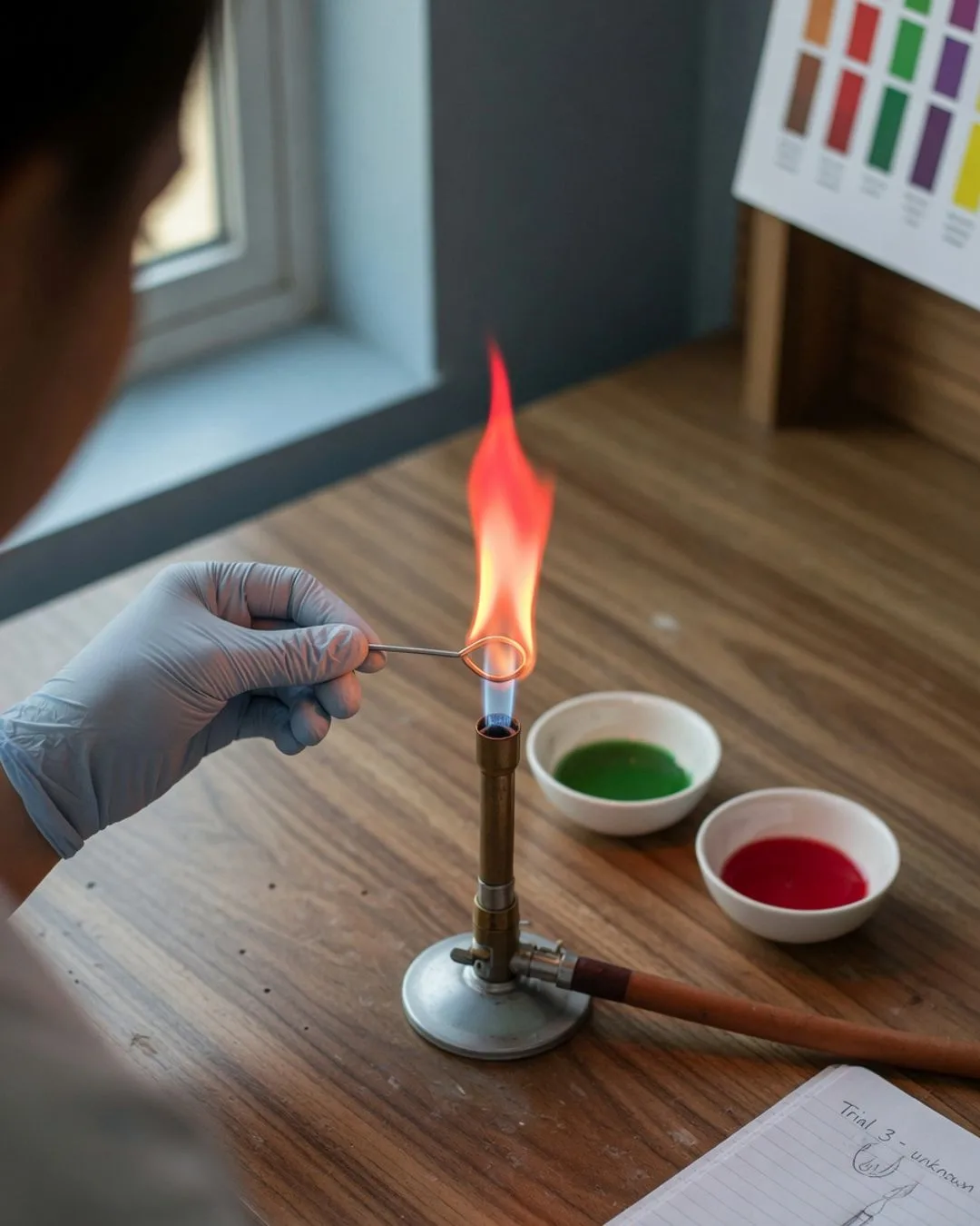 A flame test burning with a characteristic colored flame as a student observes the color against a dark background.