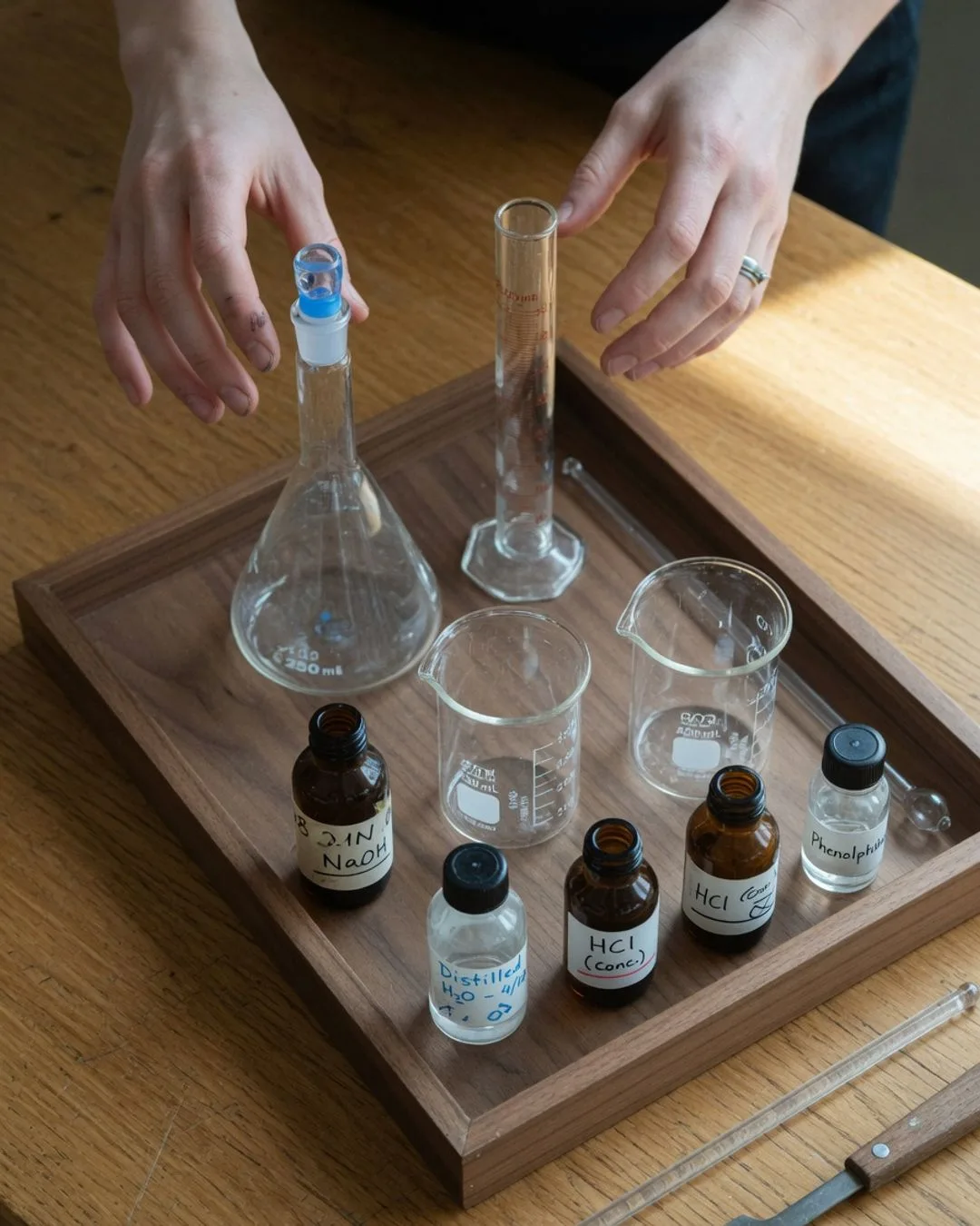 A tray of clean volumetric glassware &mdash; pipettes, a burette, and graduated cylinders &mdash; arranged ready for precise measurement.
