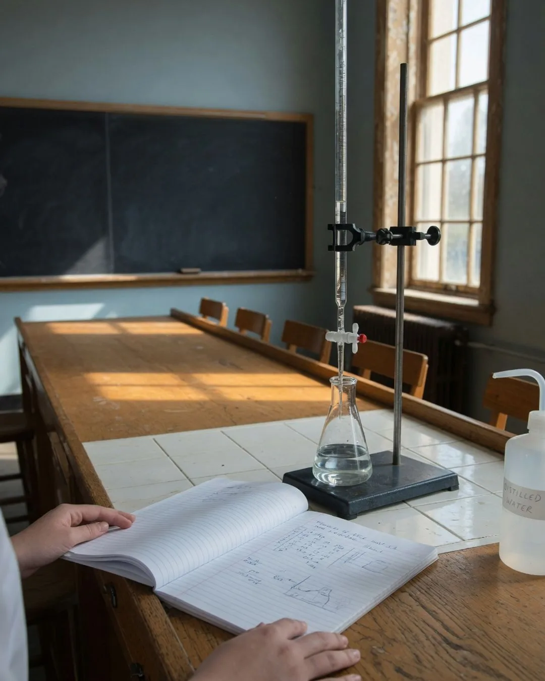 A quiet Saturday-morning chemistry lab: paired benches, glassware and a titration setup, and an open lab notebook in warm natural light.