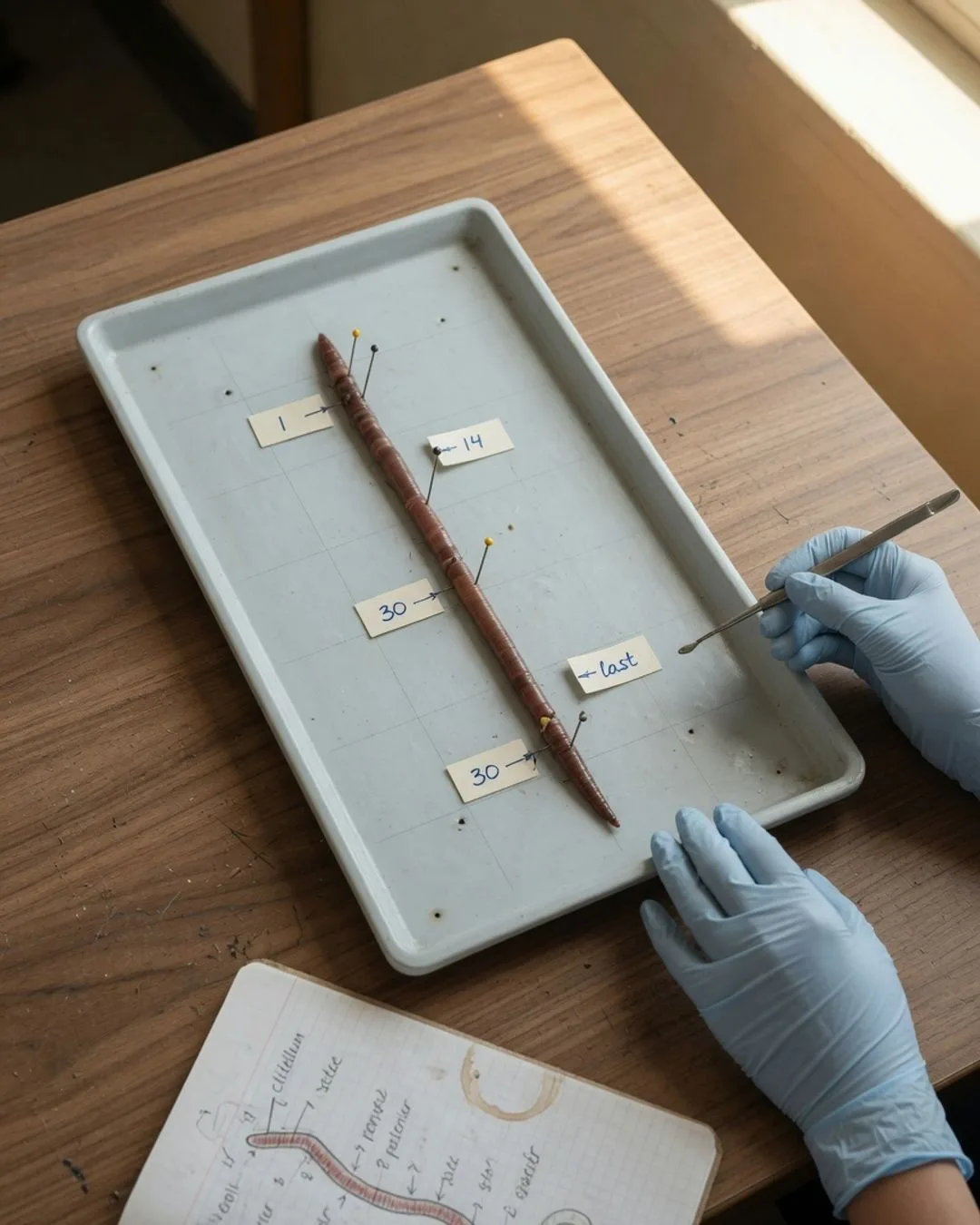 A preserved earthworm laid straight in a clean tray with numbered label flags as gloved hands hold a probe.