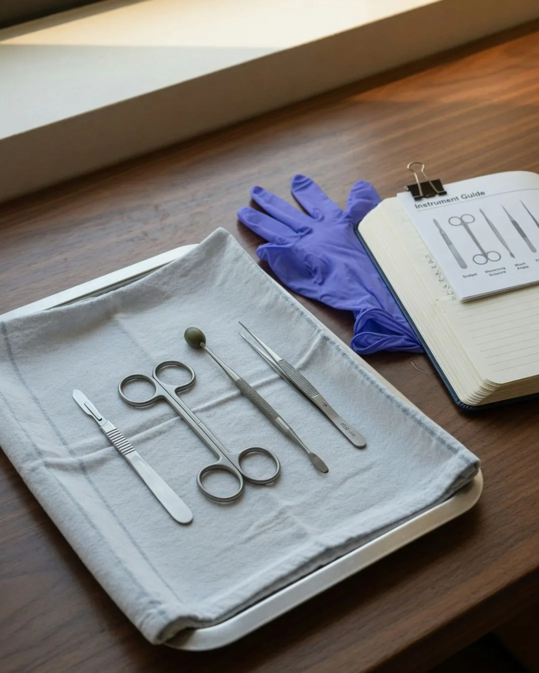 Clean dissection instruments &mdash; scalpel, scissors, blunt probe, and forceps &mdash; laid on a cloth beside an instrument-guide page.