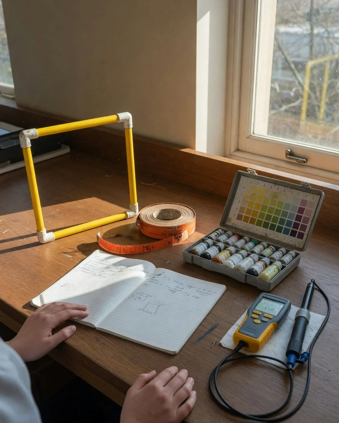 A quiet Saturday-morning environmental science session: paired field tables, water-test kits and a quadrat frame, and an open lab notebook in warm natural light.