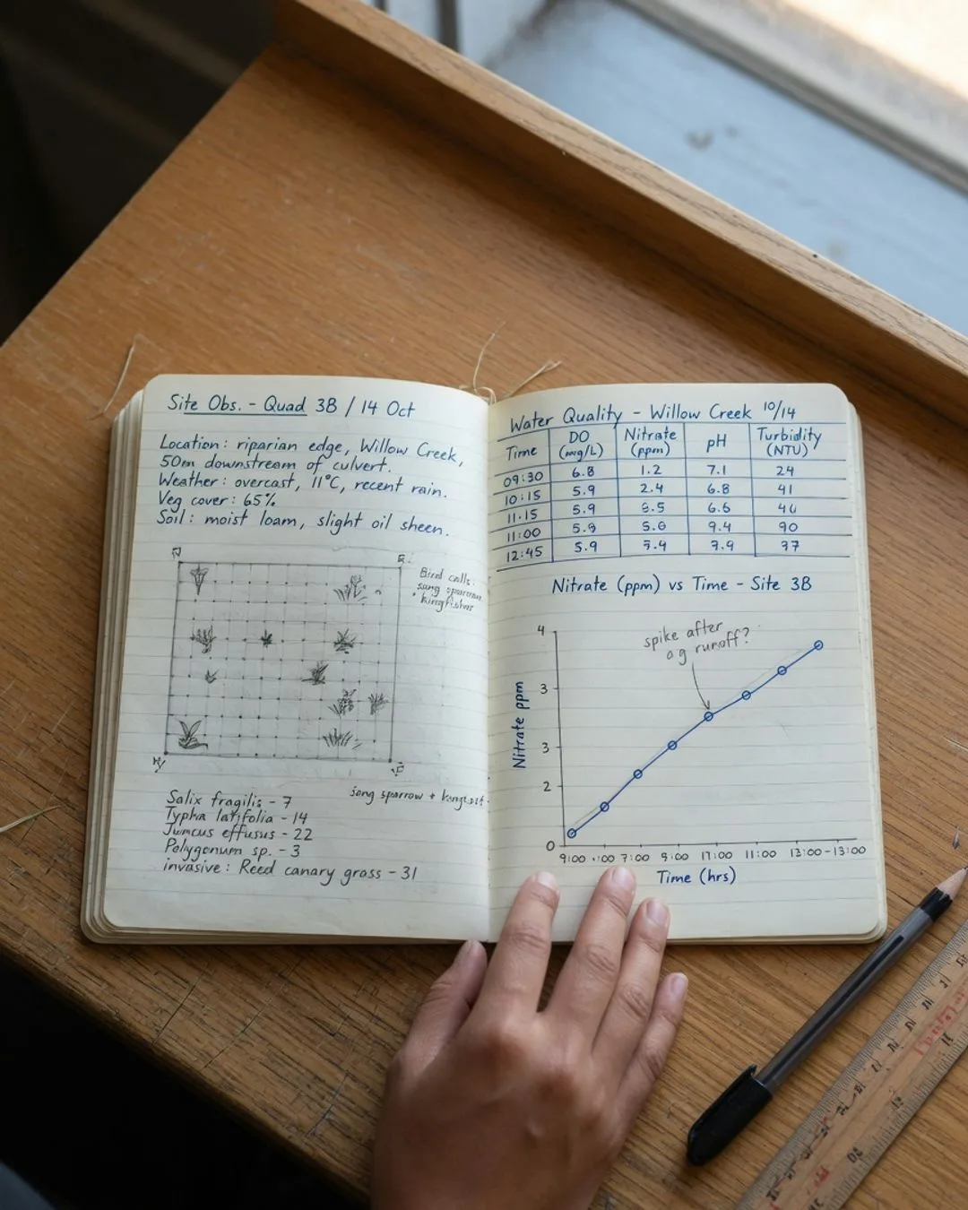 An open field notebook spread with handwritten observations, a labeled transect sketch, and a tidy data table.