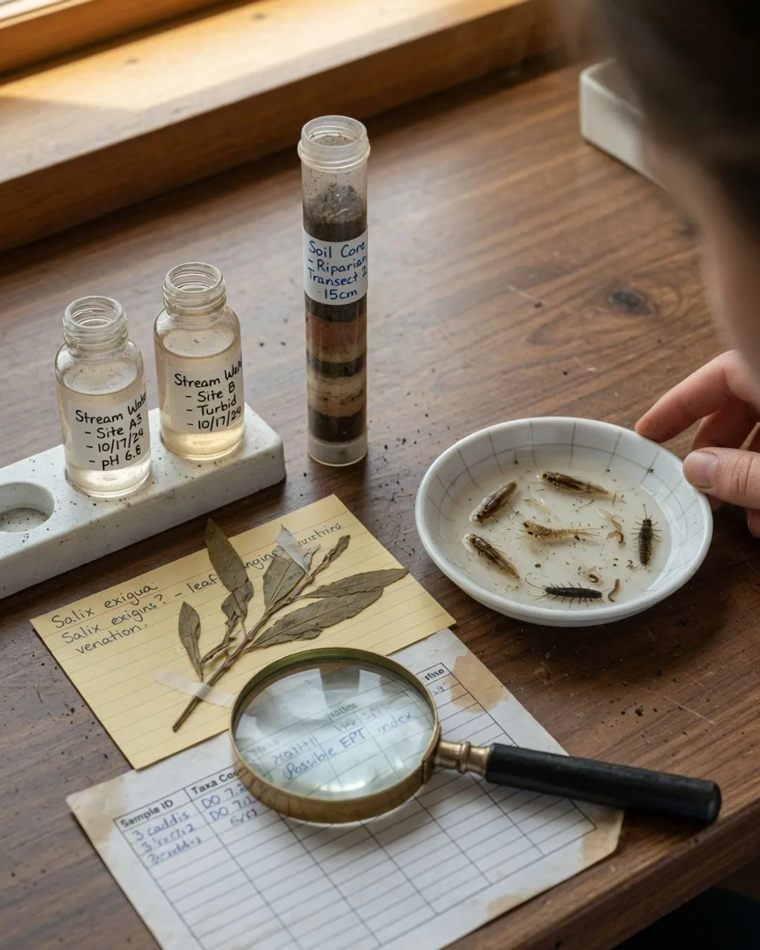 Environmental field samples laid out for analysis on a bench: labeled stream-water vials, a layered soil core, a pressed plant specimen, and a dish of aquatic macroinvertebrates beside a hand lens and a data sheet.