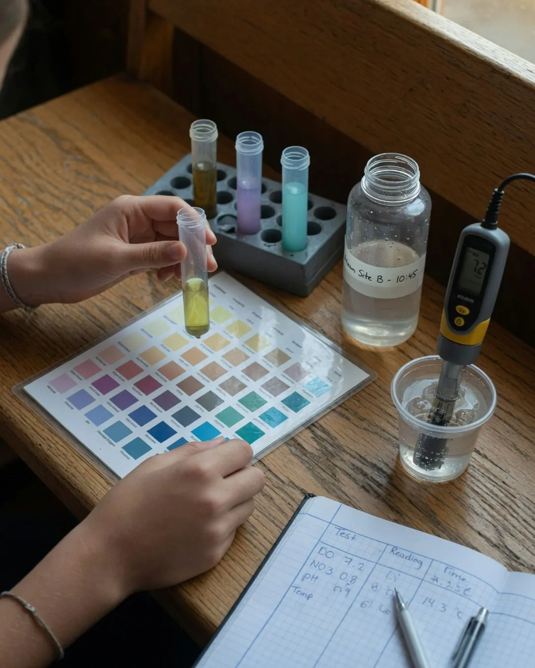 A student running a dissolved-oxygen test on a river sample, comparing the filled vial against a printed color chart with the water-test kit open on the bank.