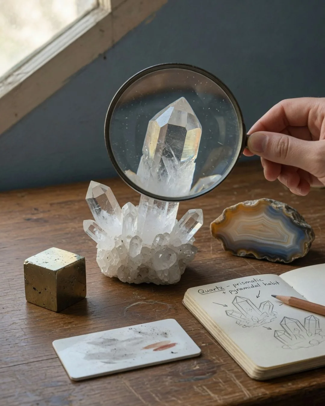Close-up of rock and mineral specimens through a hand lens &mdash; a cluster of clear quartz crystals, a cube of pyrite, and a banded agate on the bench &mdash; the kind of matching rock evidence that helped confirm the continents once fit together.