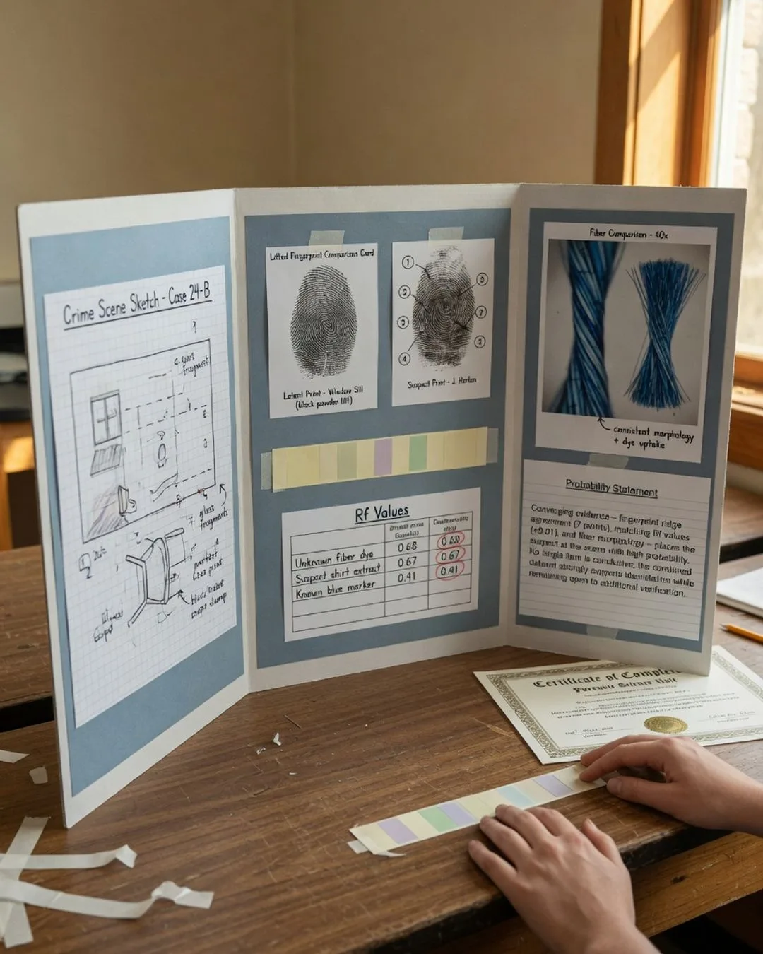A mock-case tri-fold display board &mdash; a crime-scene sketch, a lifted-fingerprint comparison card, a fiber comparison, an Rf-value table, and a probability statement that stops short of claiming certainty &mdash; the demonstration artifact this toolkit is built to run.
