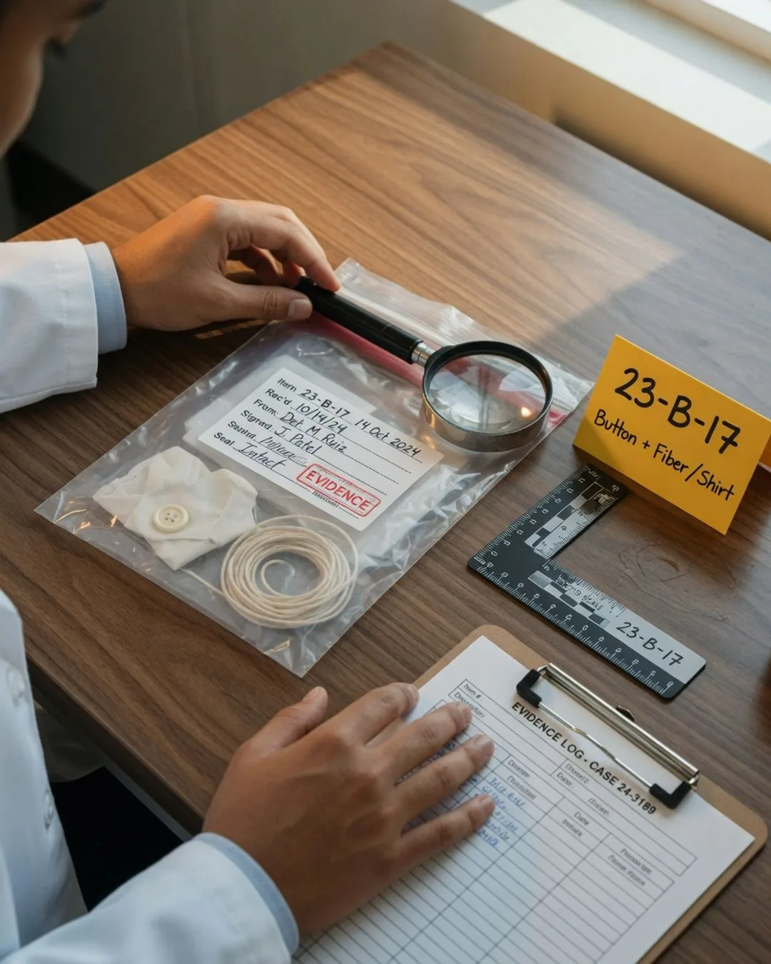 A sealed transparent evidence bag holding a button and a fiber with a signed chain-of-custody label, a hand lens and an L-shaped photo scale beside it on an evidence log.