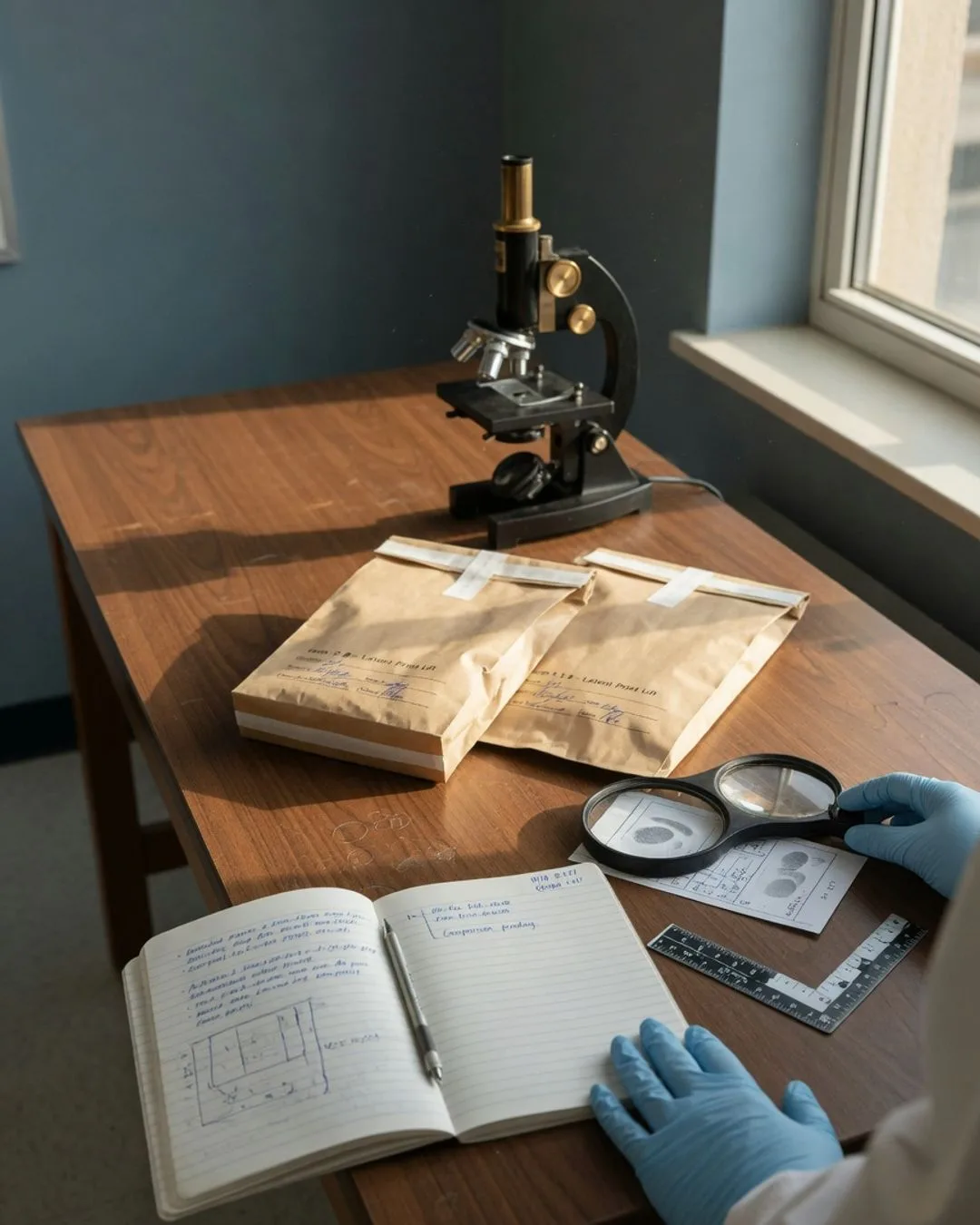 A quiet Saturday-morning forensic lab: a clinical evidence bench, paired workstations, and an open case notebook with a chain-of-custody log in warm natural light.