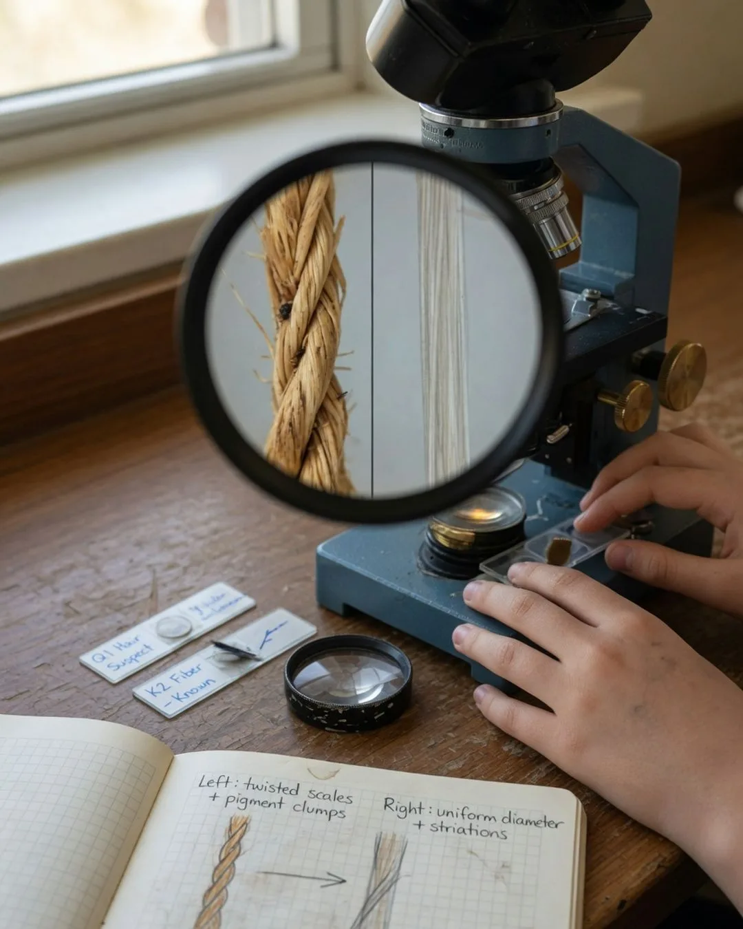 A forensic comparison microscope showing a split-field view &mdash; a questioned hair beside a known fiber &mdash; with labeled specimen slides and a comparison notebook sketch.