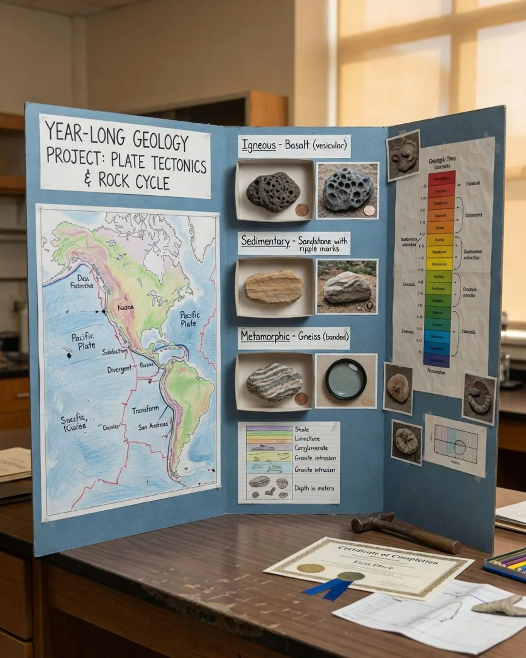 A tri-fold capstone board titled &lsquo;Year-Long Geology Project: Plate Tectonics & Rock Cycle,&rsquo; with a hand-drawn tectonic map, mounted igneous, sedimentary, and metamorphic specimens, a geologic time scale, fossils, a hand lens, a rock hammer, and a first-place certificate &mdash; the kind of defended work this toolkit is built to assess.