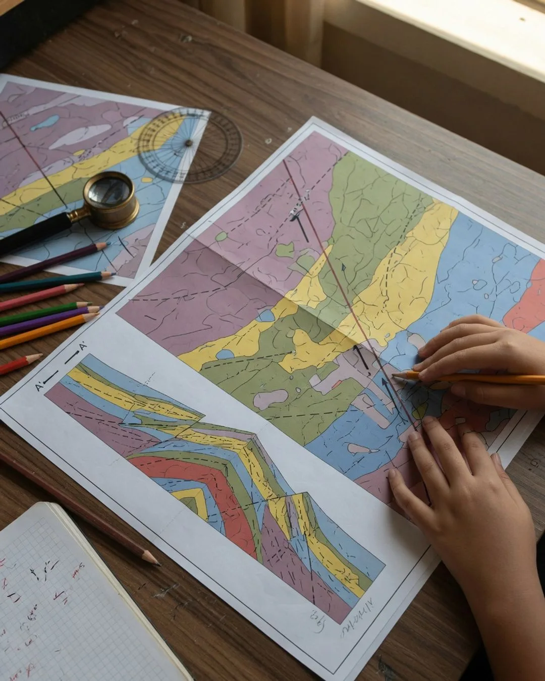 A geologic map beside a cross-section, coloured rock units traced across the surface and down through the layers below.