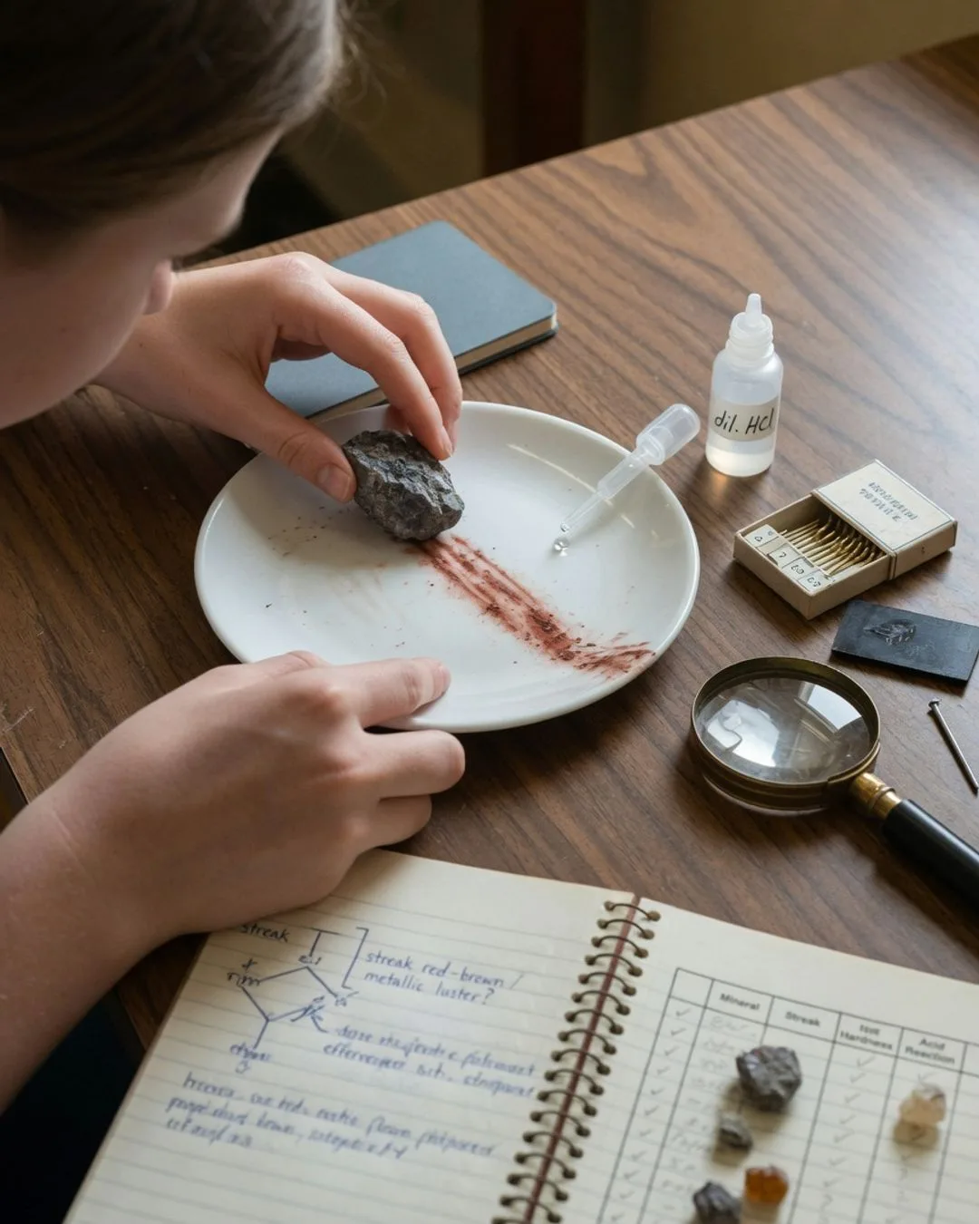 Hands dragging a mineral across a white porcelain streak plate to reveal its streak, with a hand lens, Mohs hardness kit, and dilute-acid dropper beside a dichotomous ID key.