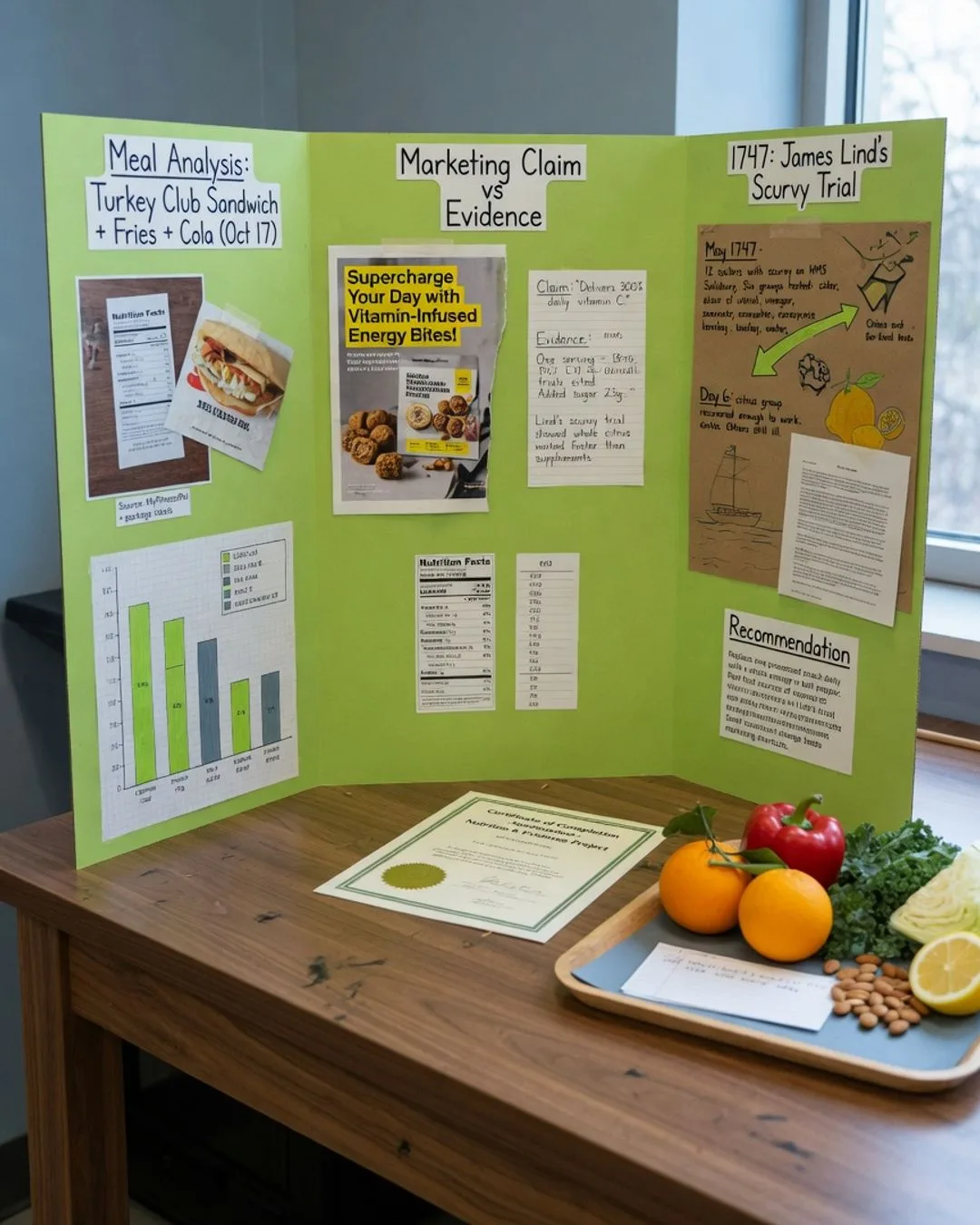 A tri-fold presentation board for a nutrition-analysis defense &mdash; a meal analyzed with nutrition data, a marketing claim weighed against the evidence, and James Lind's 1747 scurvy trial &mdash; the demonstration artifact this toolkit is built to run.