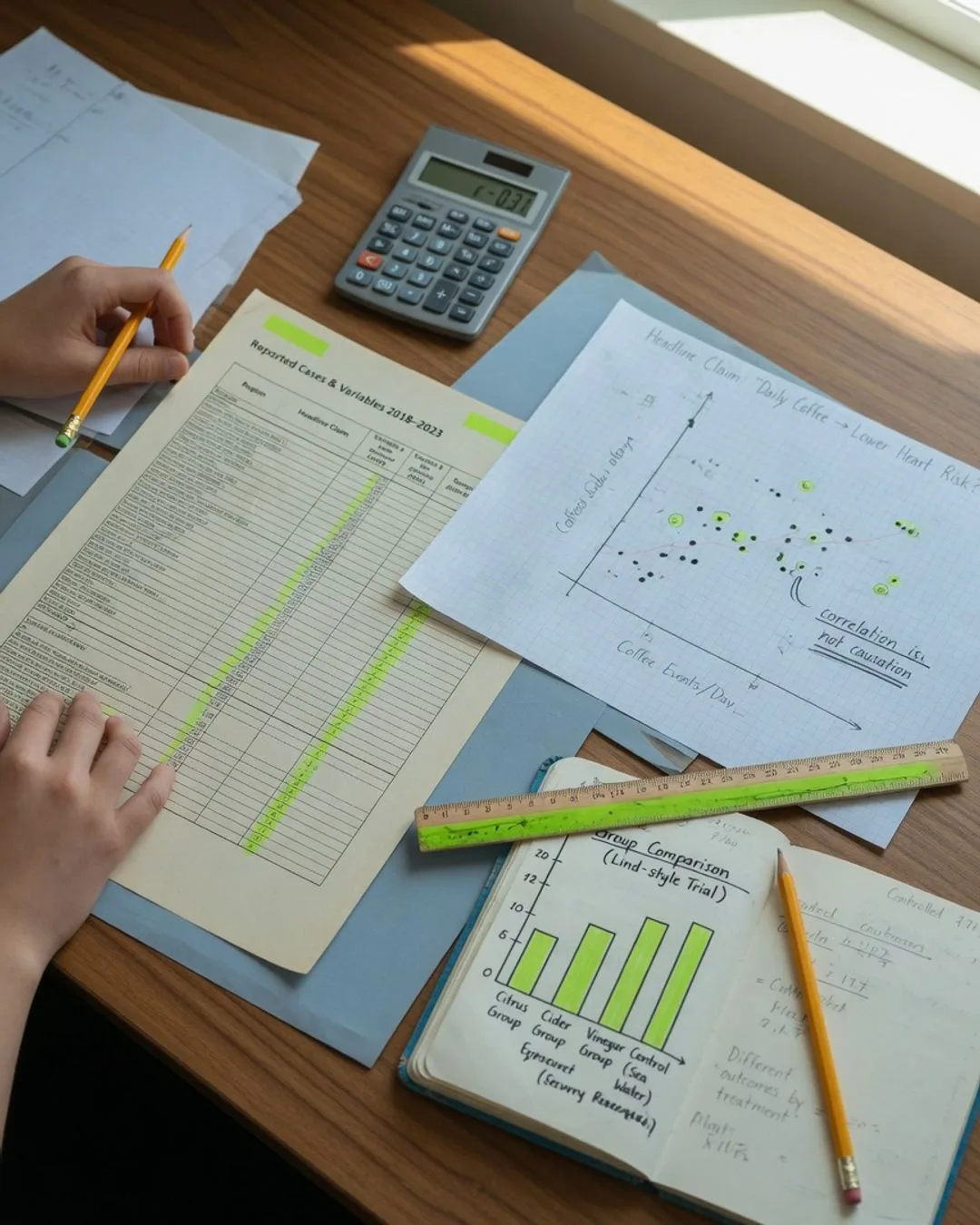 A page of data laid out in neat columns, the record of a careful comparison between groups.