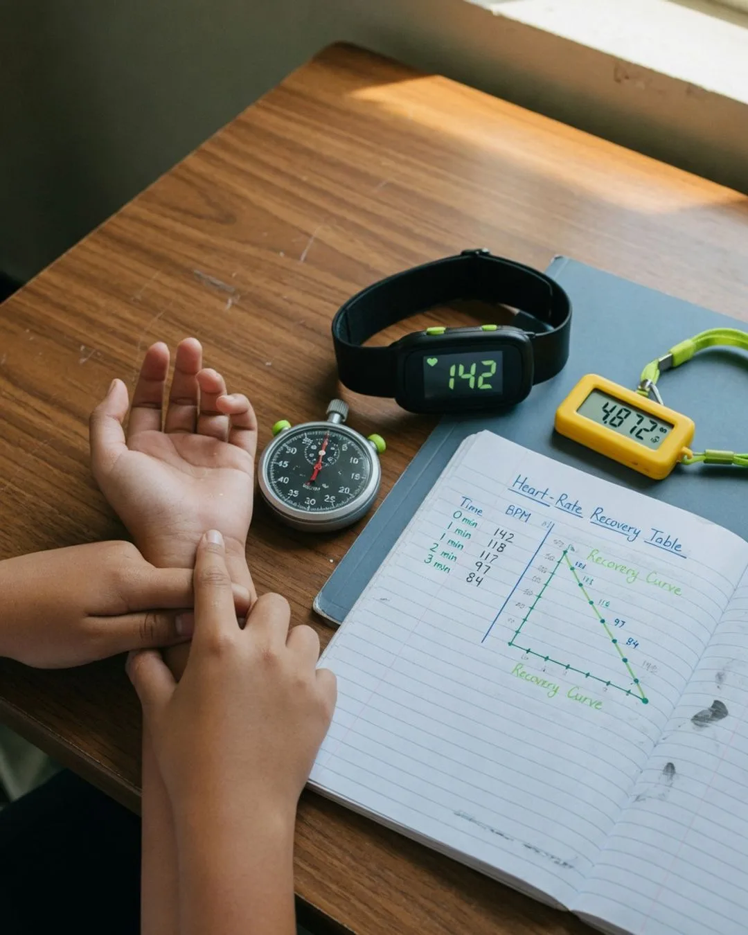 A stopwatch and a heart-rate monitor beside a folded towel and an open notebook, set up to record heart-rate recovery as data.