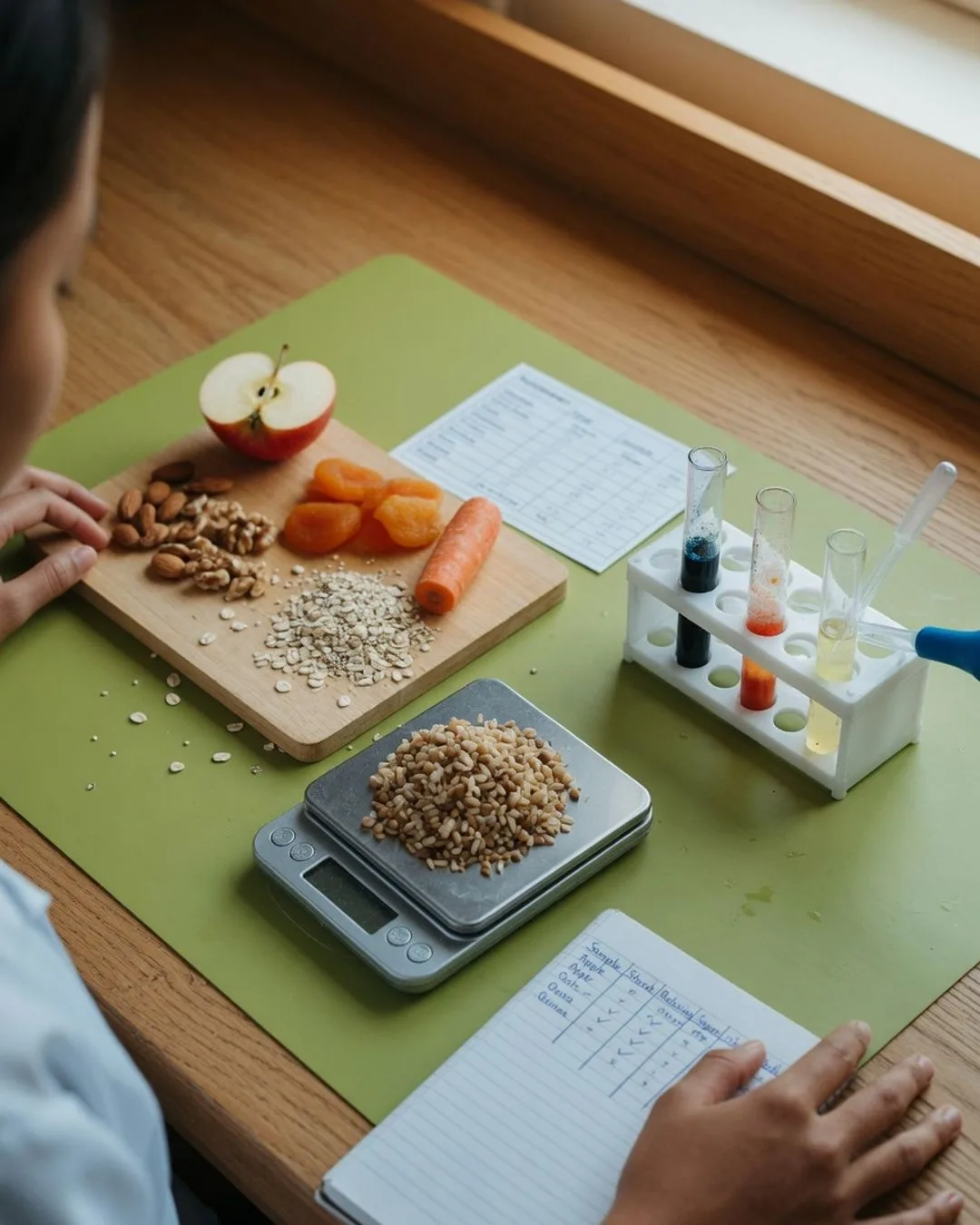 Whole foods arranged on a board beside a propped nutrition-facts label and a food scale, laid out to be analyzed with nutrition data.