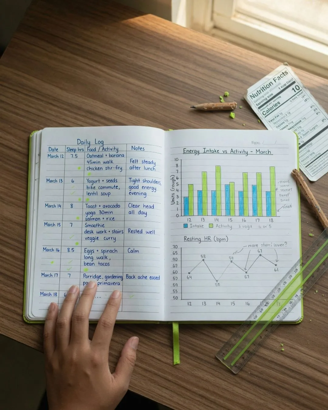 An open lab notebook spread with handwritten observations, a hand-drawn food-and-activity bar chart, and a tidy data table.