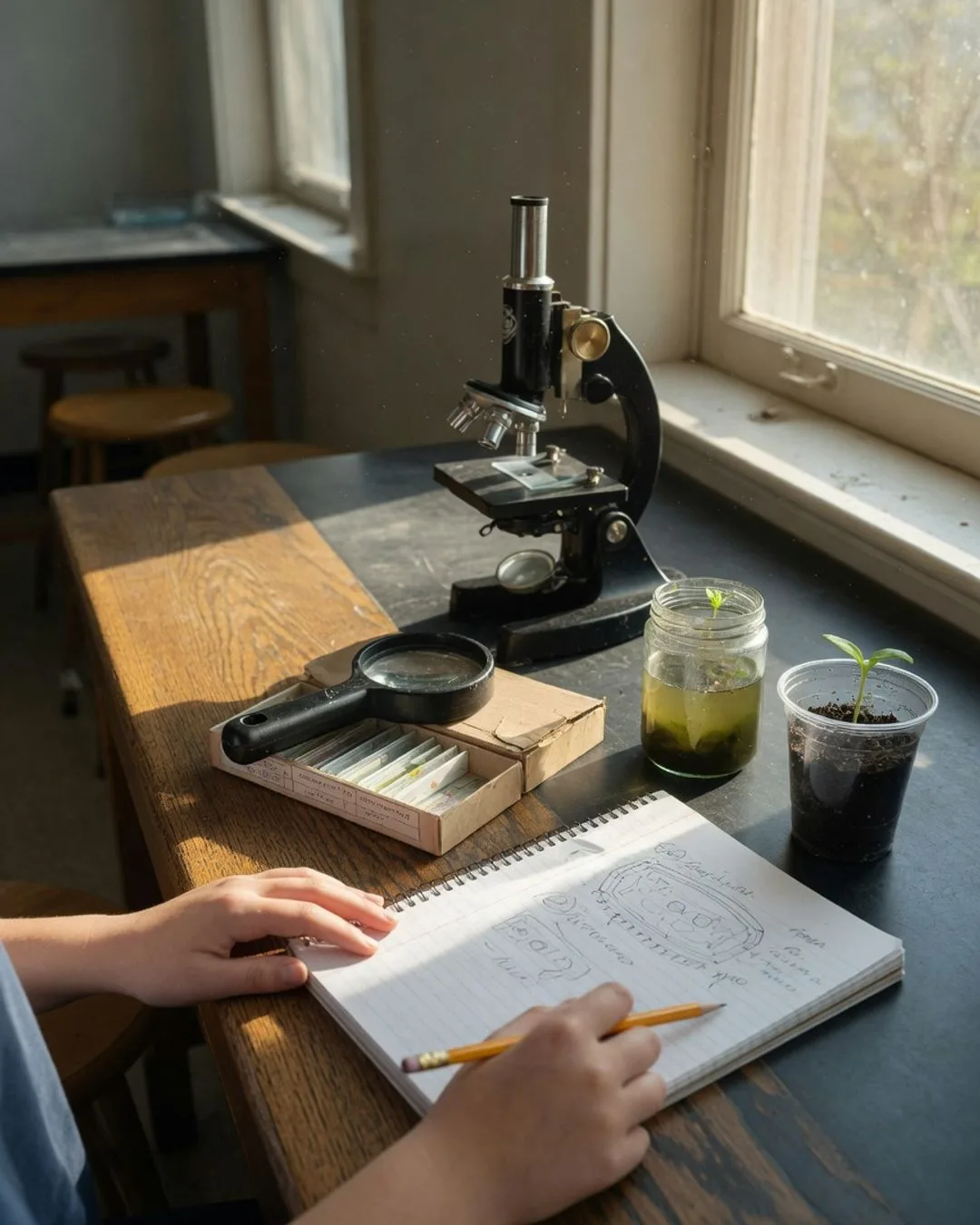 A quiet Saturday-morning life science lab: paired benches with a compound microscope, a box of slides, a hand lens, a jar of pond water, a seedling in a cup, and an open lab notebook in warm natural light.