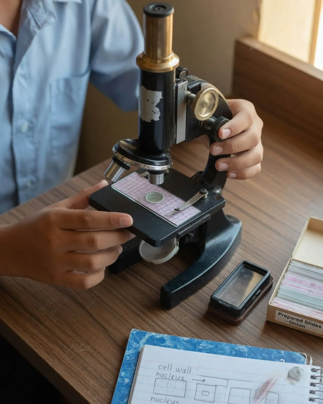 A compound microscope in use, a prepared slide of onion-skin cells on the stage as a student adjusts the focus knob.