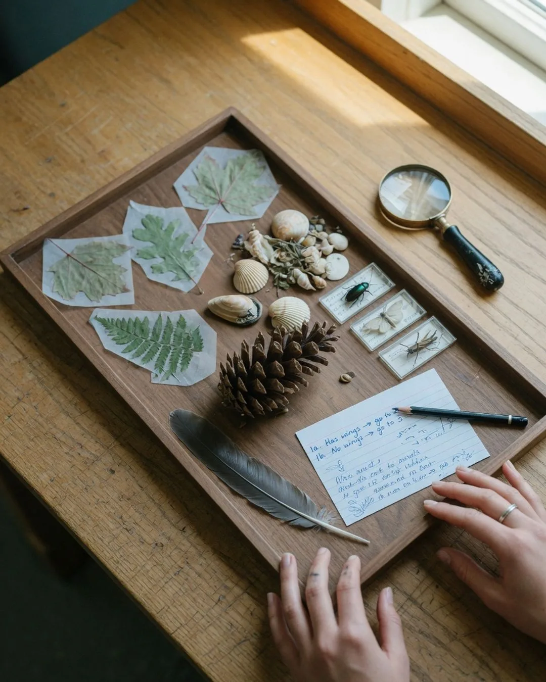 A top-down tray of specimens to observe and sort &mdash; pressed leaves, seashells, a pinecone, a feather, and insect specimens beside a hand-written key card.