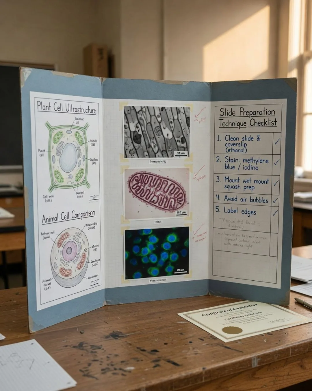A student presenting and defending their microscopy lab work in person to a guide who listens and assesses &mdash; the demonstration moment this toolkit is built to run.