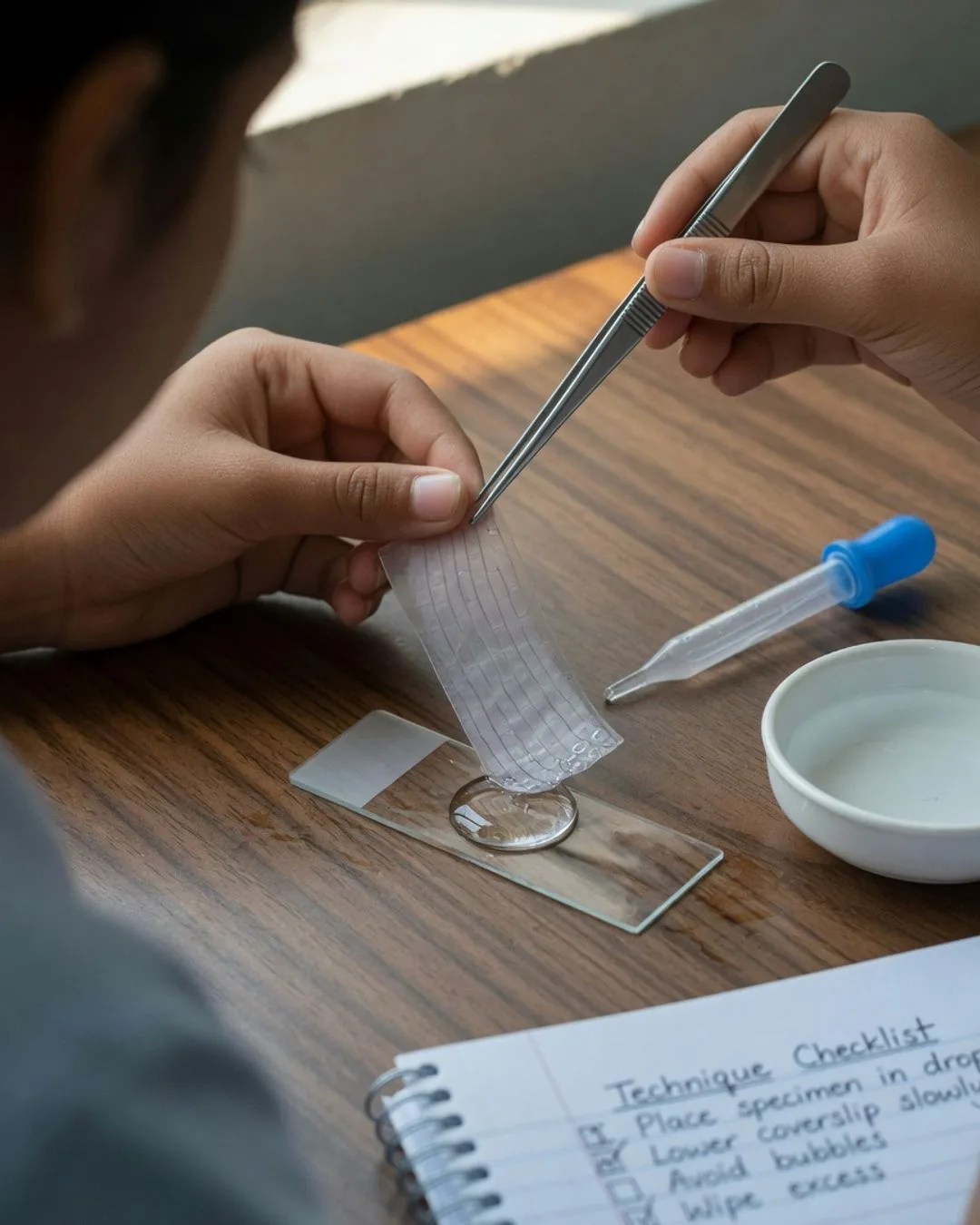 A student preparing a wet mount, lowering a coverslip over a drop on the slide to trap the specimen without bubbles.