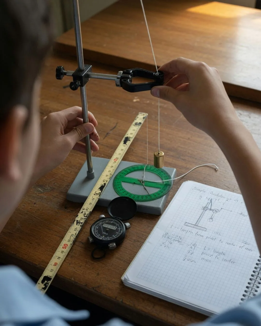 A student-built rig on a workbench: a ring stand and clamp holding a string and swinging mass set up to measure g, with a meter stick, protractor, and stopwatch.