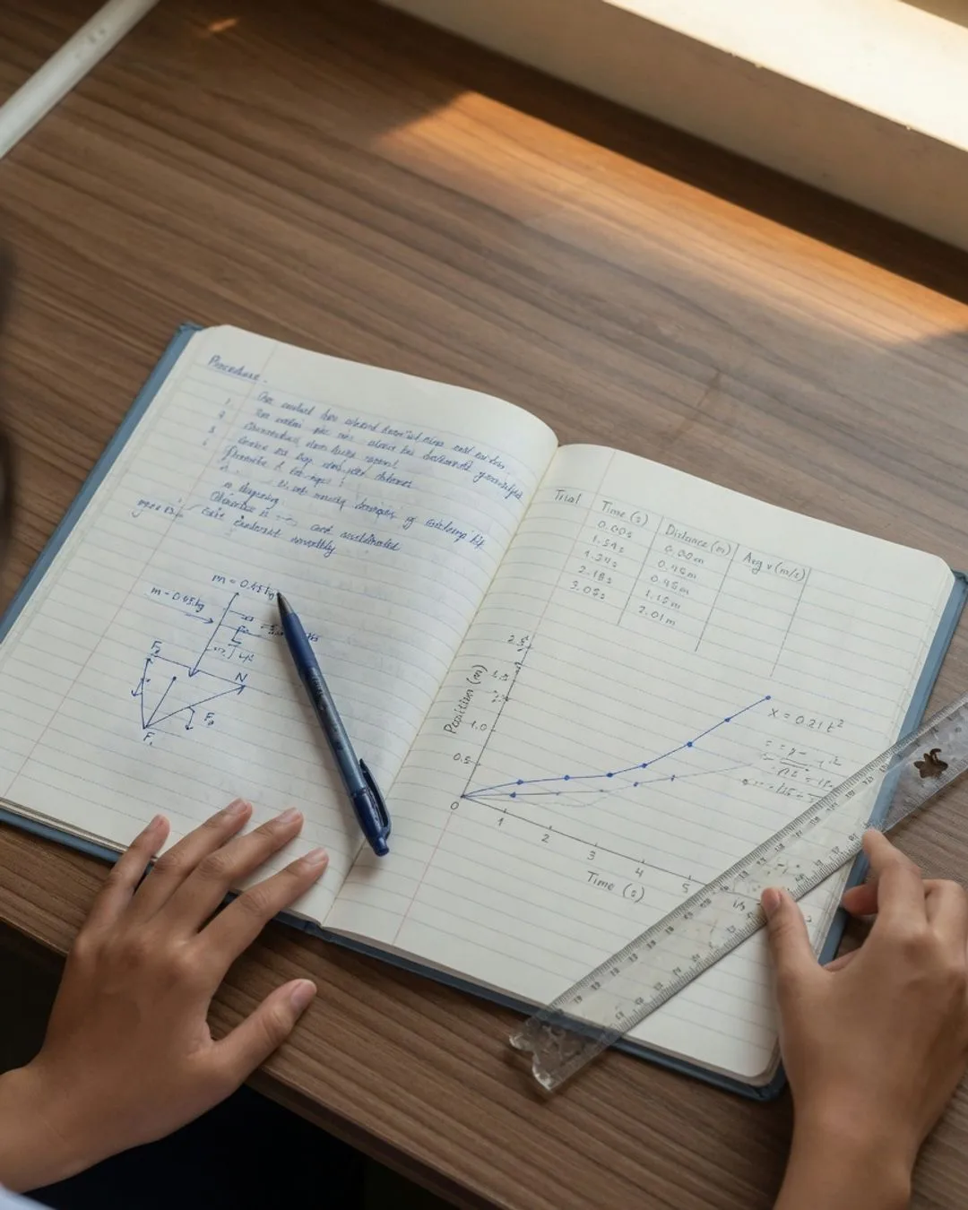 An open physics lab notebook spread with handwritten observations, a free-body diagram, a data table, and a position-versus-time graph.