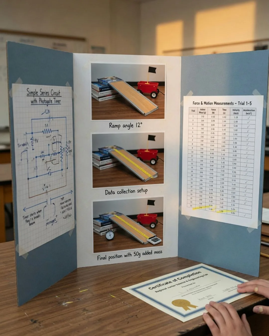 A student presenting and defending their physical science lab work in person to a guide who listens and assesses &mdash; the demonstration moment this toolkit is built to run.