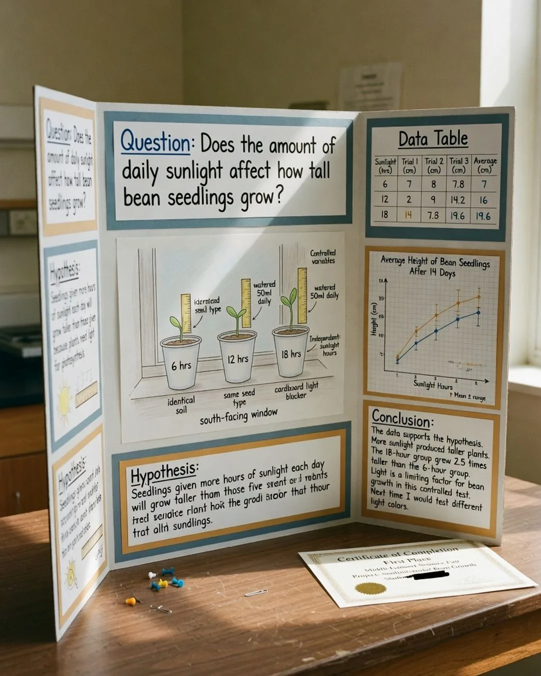 A science-fair tri-fold board documenting a controlled experiment on how daily sunlight affects bean-seedling height &mdash; question, labeled setup diagram, data table, a line graph with error bars, and a conclusion &mdash; with a certificate of completion beside it.