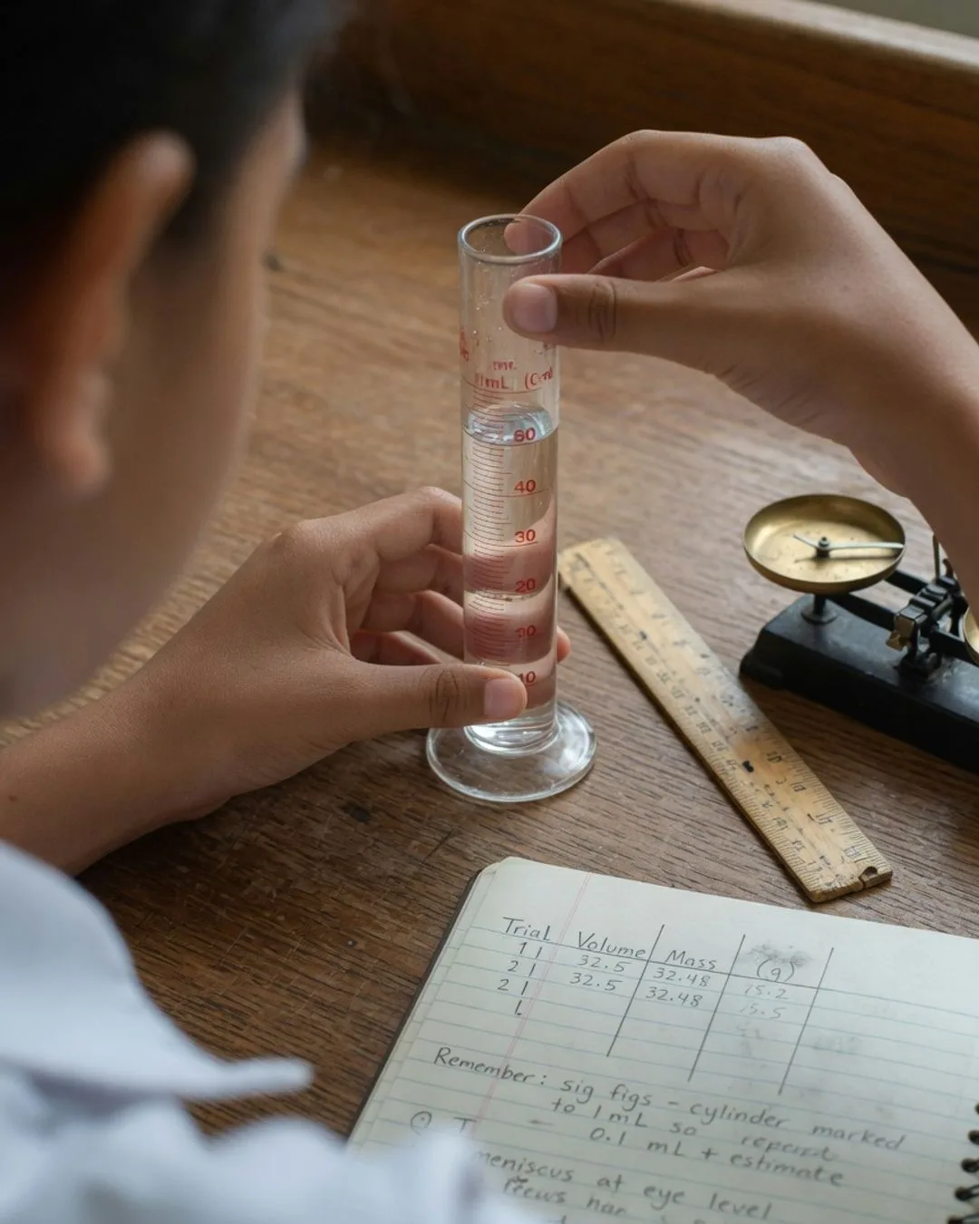 A student reading a graduated cylinder of water at eye level, a wooden ruler and a small balance beside it, and an open lab notebook with a trial-by-trial data table and a note to record to the right number of significant figures.