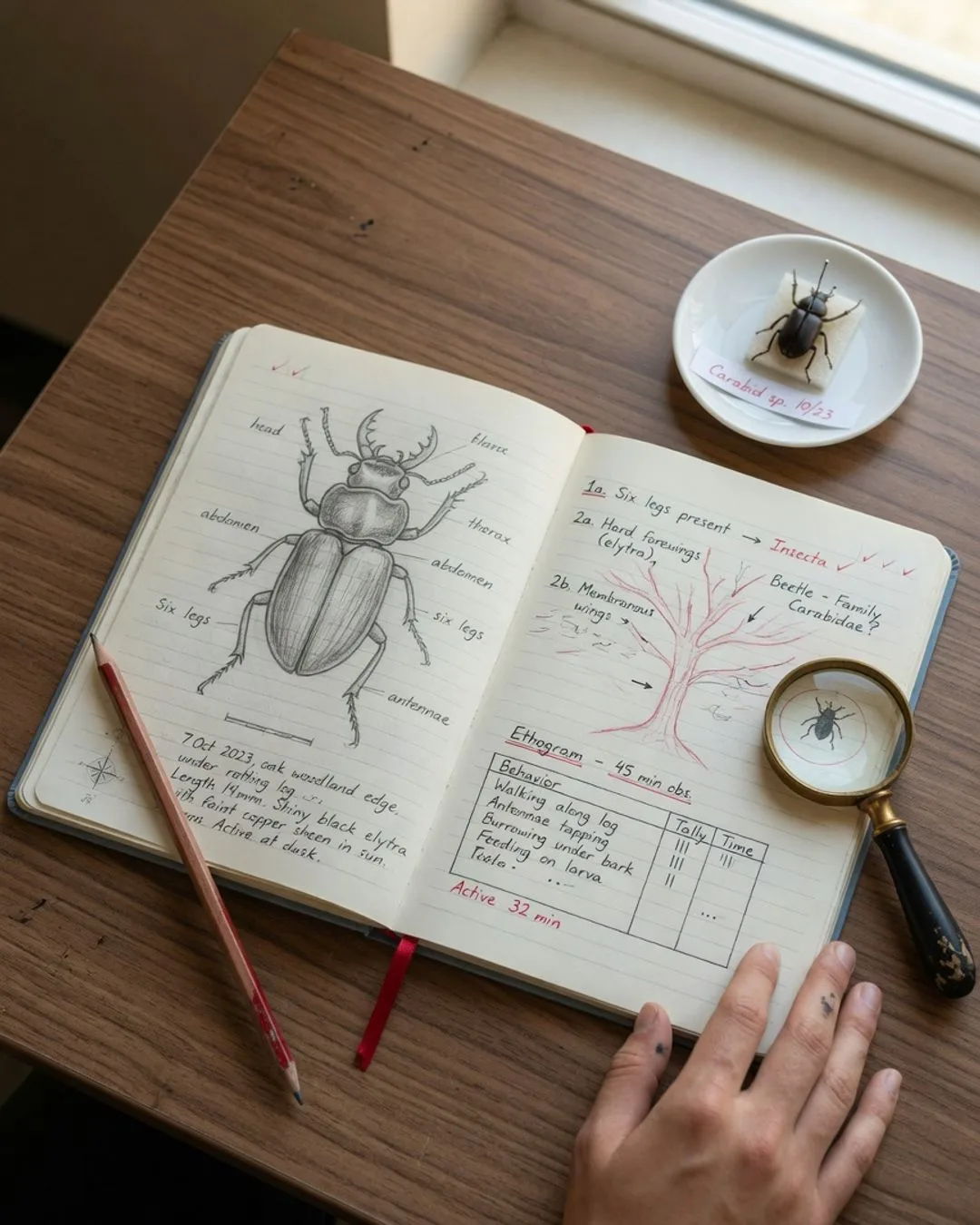 An open lab notebook spread with a handwritten animal sketch, dated observations, and a tidy trait-comparison data table.