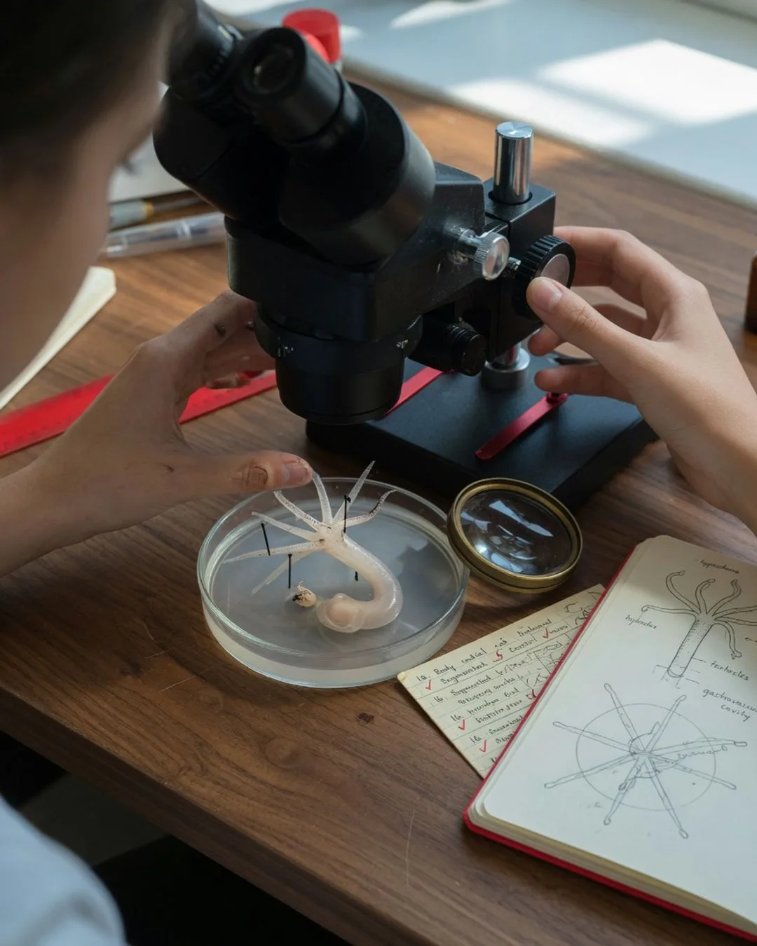A stereo microscope on a zoology bench focused on a preserved invertebrate specimen, with a hand lens and a dichotomous key beside it.