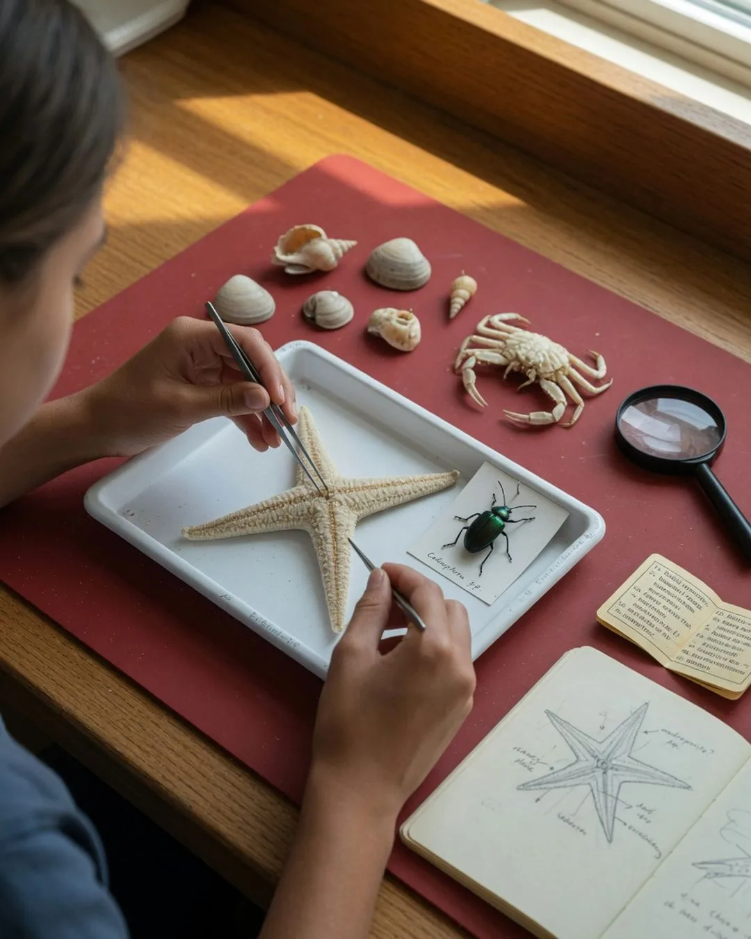 A white specimen tray of a preserved sea star, seashells, a crab exoskeleton and a mounted beetle, examined with fine forceps beside a hand lens and an open notebook with an identification sketch.