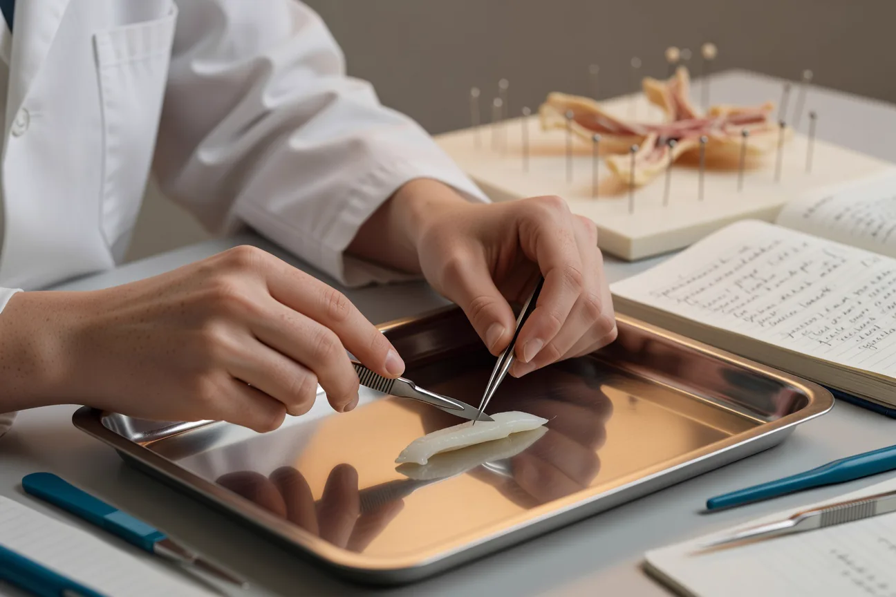 Hands using scalpel and forceps over a dissection tray with anatomical model and lab notebook in view.