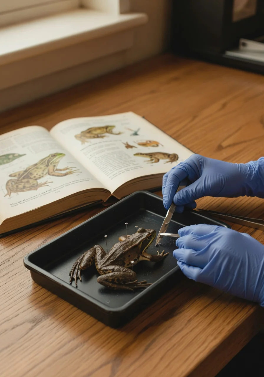 Gloved hands working on a preserved frog specimen on a dissection tray.